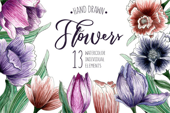 水彩郁金香花卉花環(huán)花框婚禮卡片插畫素材